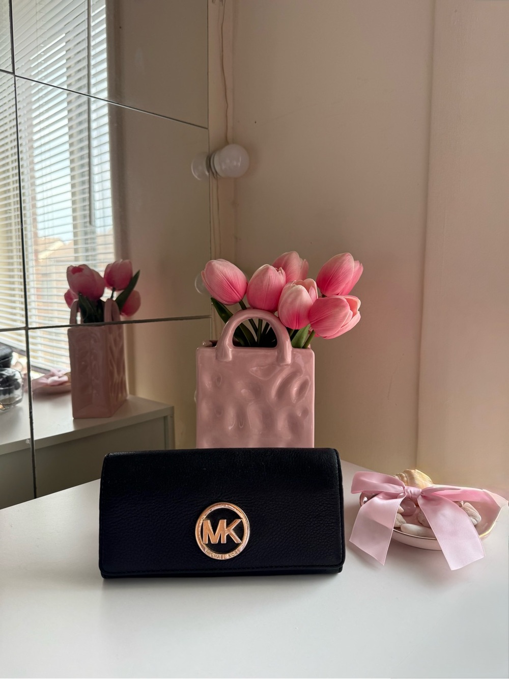 Michael Kors Black Leather Wallet with Gold MK Emblem